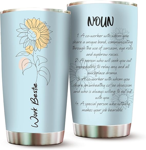 Work Bestie Gifts For Women Funny Mugs For Coworkers Work Bestie Cup Sunflower Gift For Women Friends Best Gifts For Coworker Funny Tumblers For Coworkers (Blue Tumbler 20Oz)
