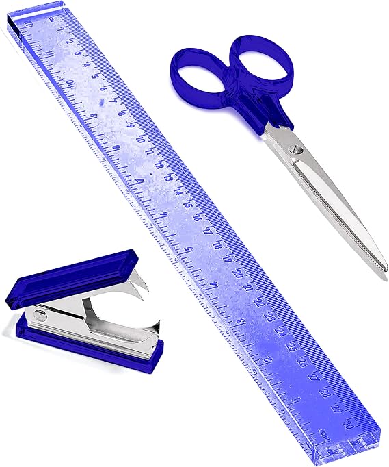 3-Piece Acrylic Desk Set, Blue with Silver Metal | Ruler, scissors, and staple remover set, Functional and elegant desk accessories, Stationery tools for office, and school