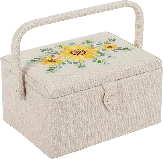 Hobby Gift Medium Sewing Box Organiser with Handle - Cotton Basket Sewing Storage Box, Craft Storage Boxes with Compartments for Tools & Accessories - 18.5 x 25.5 x 14.5cm, Sunflower