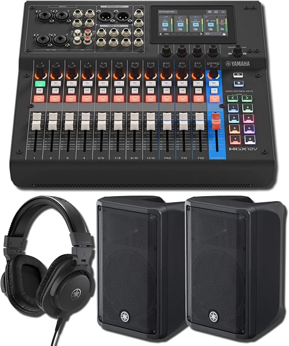 Yamaha MGX12V B 18-Channel Digital Mixing Console Bundle with 2x DBR10 700W Powered Speakers and HPH-MT5 Monitor Headphones Touchscreen USB Mixer for Live Sound, Worship, Bands, Streaming