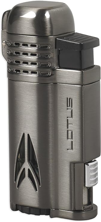 Lotus Defiant Cigar Lighter with Quad Pinpoint Torch Flames, Single Action Ignition, All Metal Housing, Retractable 10 mm Cigar Punch, Large Flame Adjuster (Dark Gunmetal)
