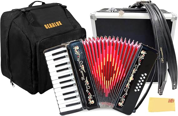 Rossetti 25-Key 12-Bass Piano Accordion - Gloss Black Bundle with Hard Case, Gig Bag, Straps, and Austin Bazaar Polishing Cloth