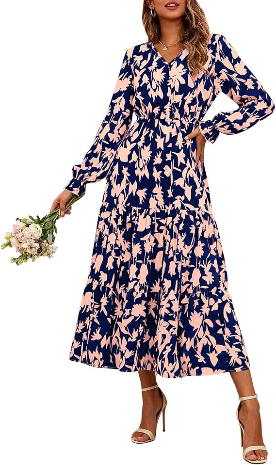BTFBM Women Fall Dresses 2025 Casual Long Sleeve V Neck Maxi Dresses Floral Boho Long Dress Wedding Guest Dress