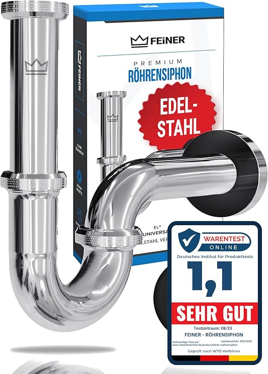 FEINER® Premium Universal Siphon for Sink Stainless Steel Pre-Assembled - Just Screw Together Sink Drain Fitting 1 1/4 Inch Chrome Adjustable 2-12 cm Free Seals + Installation Video