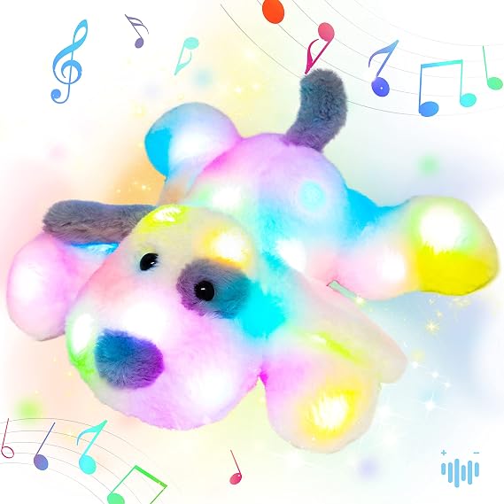 Hopearl LED Musical Stuffed Puppy Lighting Up Singing Plush Dog Adjustable Volume Lullaby Animated Soothe Birthday Festival for Kids Toddler Girls, White, 14''