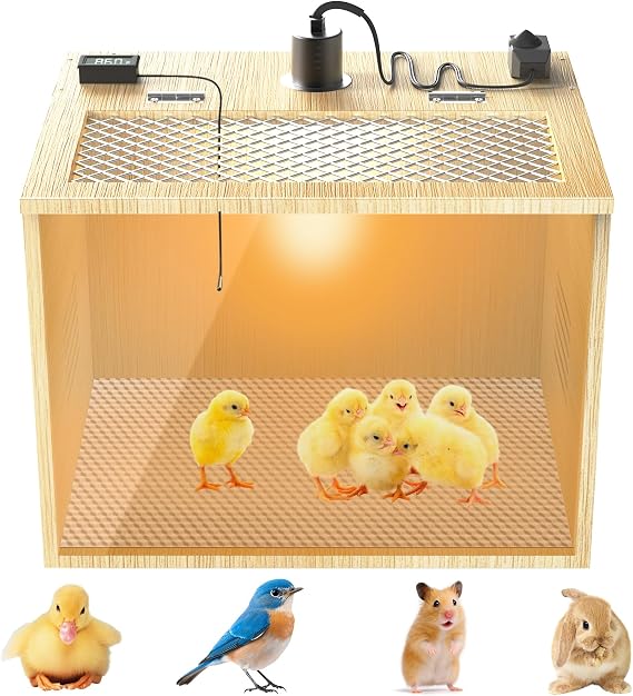Chicken Brooder Box for Chicks Starter Kit, 16 Inch Wooden Chicken Brooder Box with 75W Heating Lamps, Thermometer and Tin Foil, Poultry Breeding Kit, for 5-7 Chicks Ducks Quail Hamsters