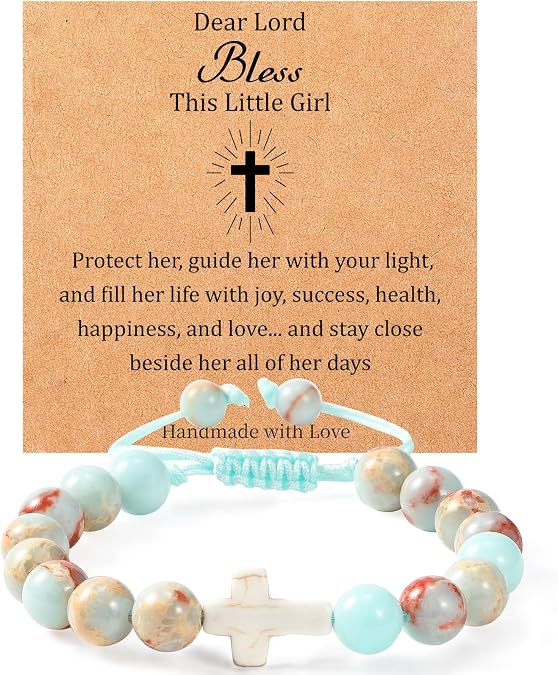 Cross Bracelet for Girls, Dear Lord Bless This Little Girl Bracelet, Stocking Stuffers for Teen Girls, Christian Gifts for Tween Girls,Daughter, Granddaughter, Niece Teenage, Blue