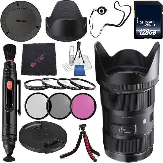 Sigma 18-35mm f/1.8 DC HSM Art Lens for Canon #210101 + 72mm 3 Piece Filter Kit + 128GB SDXC Card + Lens Pen Cleaner + Microfiber Cleaning Cloth + Tripod Bundle (International Model )