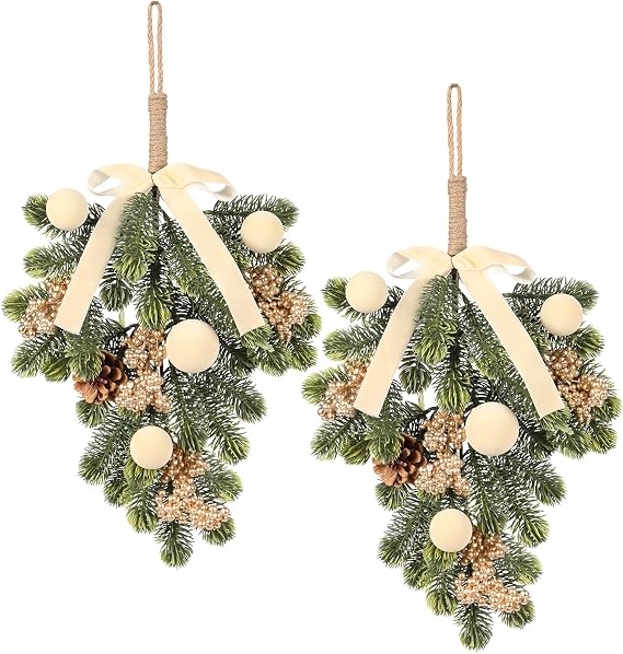 2PCS Beige Christmas Decorations for Xmas Home Front Door Fireplace Wall | Artificial Green Plant Wreaths Hanging Decoration with Velvet Bow/Ball/Berry, for Winter Indoor Outdoor Holiday Decor