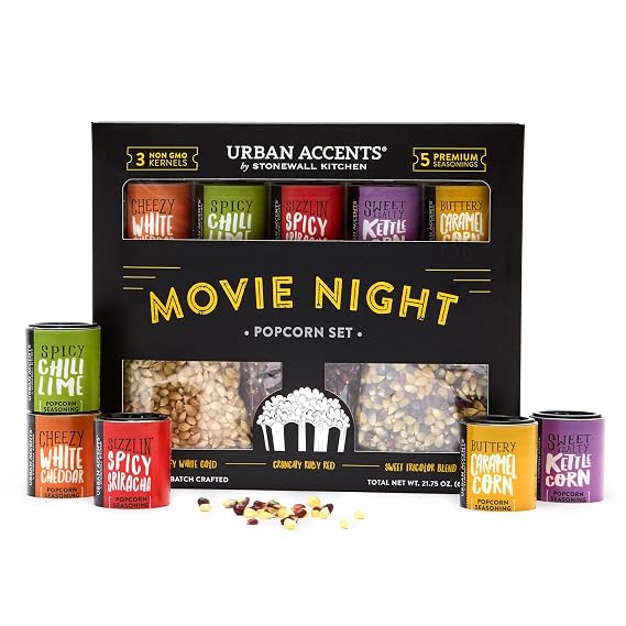Urban Accents Movie Night Popcorn Gift Set Includes 3 Gourmet Popcorn Kernel Varieties & 5 Flavorful Seasonings Perfect Snack Gift Box for Parties, Holidays, or Movie Lovers
