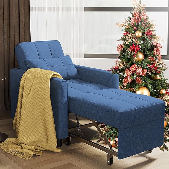 Chair Bed, 4-in-1 Convertible Sofa Chair Bed, Adjustable Recliner Sofa Bed with Pillow, Multi-Functional Folding Sleeper Chair Bed, Single Bed Chair with Modern Linen Fabric for Apartment, Navy Blue
