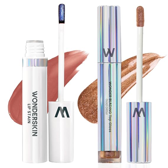 Wonderskin Wonder Blading Lip Stain Peel Off Masque - Long Lasting, Waterproof (Lovely) with Top Gloss - Gold Glitter Lip Gloss, Hydrating and High Shine Finish