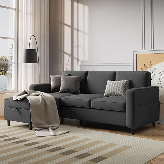 Sectional Sofa and Couches for Living Room - 78'' Dark Grey 3 Seat L-Shaped Couch with Storage Ottoman, Modern Linen Convertible Sectionals Sofas with Chaise for Apartment, Office, Small Space