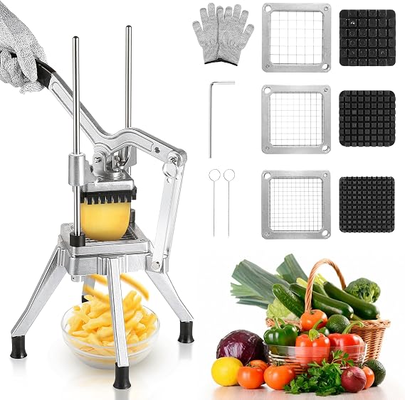 WICHEMI Commercial Vegetable Chopper Fruit Dicer with 3 Replacement Blades | Commercial Vegetable Dicer, Onion Chopper, Stainless Steel French Fry Cutter, Manual Food Chopper, For Home Or Commercial Use