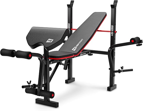 Hop-Sport HS-1055 Folding Weight Bench – Adjustable Bench Press Station with Barbell Rack, Preacher Curl, Leg Developer & Butterfly Arms, Black/Red