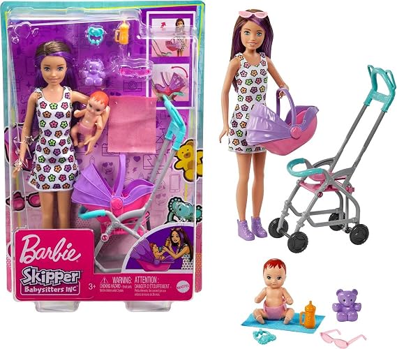 Barbie Skipper Babysitters Inc. Playset Skipper Babysitter Doll Brunette with Stroller Baby Doll & 5 Accessories Ages 3+