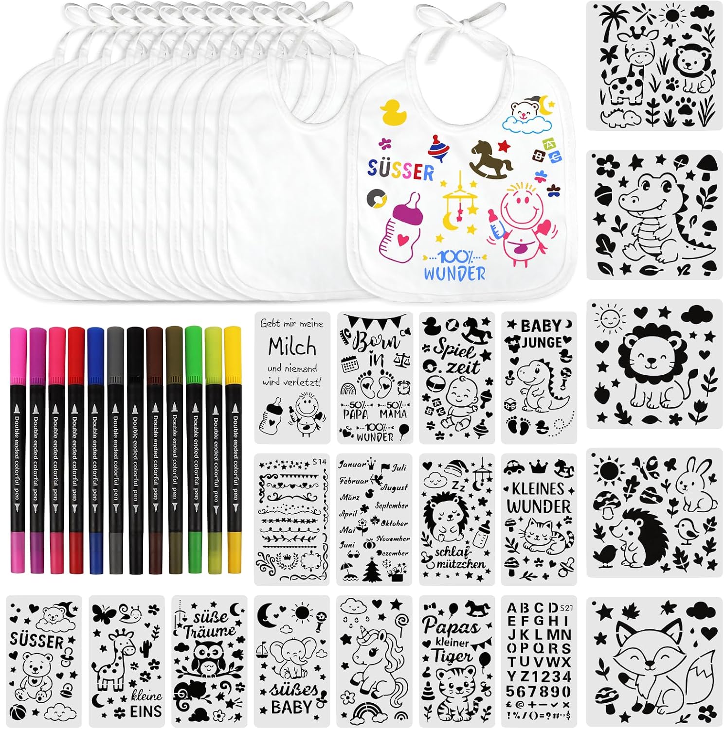 TUZELIYA Pack of 15 Baby Bibs Made of Cotton Double-Sided with 12 Coloured Textile Pens 20 Pieces Painting Stencils Baby Shower Decoration Games Waterproof Bibs for Babies Boys Girls