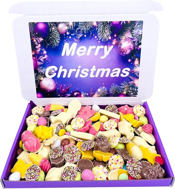 Retro Chocolate Mix Gift Box 400g Christmas Hamper Jazzies Pink and White Mice Chocolate Mini Eggs Fish and Chips