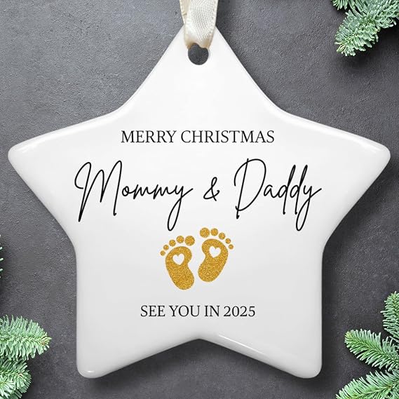 Pregnancy Gifts for Expecting Mom - Pregnancy Announcement Gifts for Family, Husband, Grandparents, Aunt - First Christmas As Mommy and Daddy Ornament - Ceramic Ornament