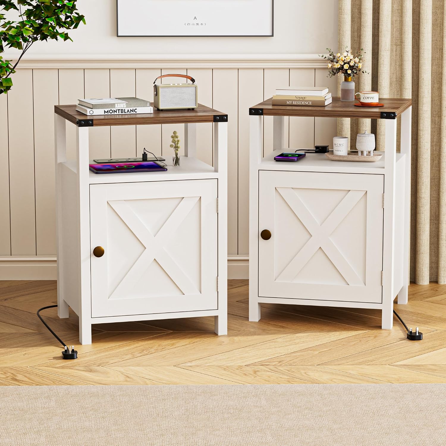 Bedside Table Set of 2, Side Table with Charging Station, Country Style Nighttable Set with Open Shelf and Door for Modern Home,Bedroom,Living Room,White