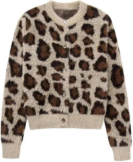 Women's Fashion Leopard Print Fur Effective Short Knitted Pullover Female Chic Long Sleeve Buttons Kimono Coats Tops Bb Ct5834