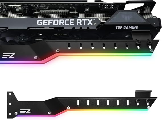 EZDIY-FAB Universal Video Card Holder GPU Brace Support GPU Support Stay ARGB 5V 3PIN Motherboard Synchronization Graphics Card Fixer Gravo Support GPU Support Bar RX6700, RTX3090 - Black | 5V 3ピンARGBマザーボード同期対応・ラバーパッド2種類付き。GPUのたるみ・傾きを抑え、PCIeスロットへの負荷を軽減。自作PC・ゲーミングPCのグラボ固定・発光演出に