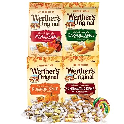 Sweetzo Pumpkin Spice, Maple, Cinnamon Creme and Caramel Apple Soft Werthers Variety Pack Chewy Candies, Bulk Individually Wrapped Fall Candy - 7.4 Ounces Each Pack of 4