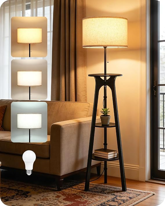 Wooden Floor Lamp with Shelves, Tripod Floor Lamp for Living Room | Standing Lamp for Bedroom, Corner Floor Lamp with Linen Lampshade, Black Floor Lamp with Storage Shelf, for Study, Office [Energy Class E]