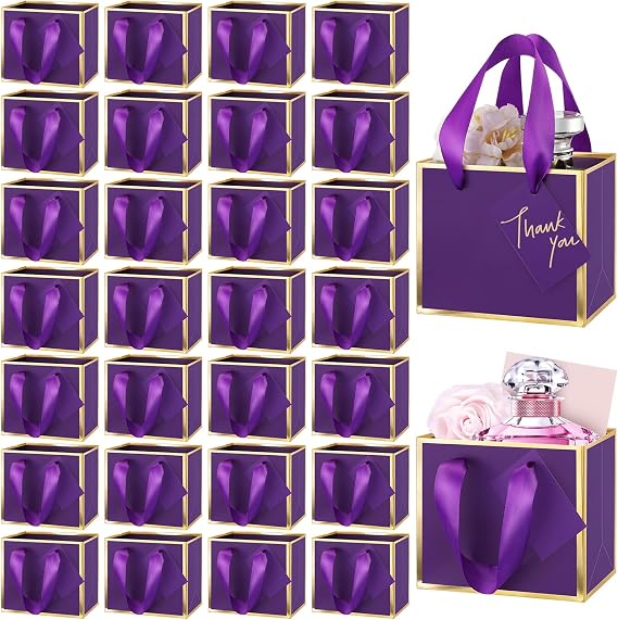 Yeaqee 50 Pcs Mini Metallic Paper Gift Bags with Handle, Purple, Gold