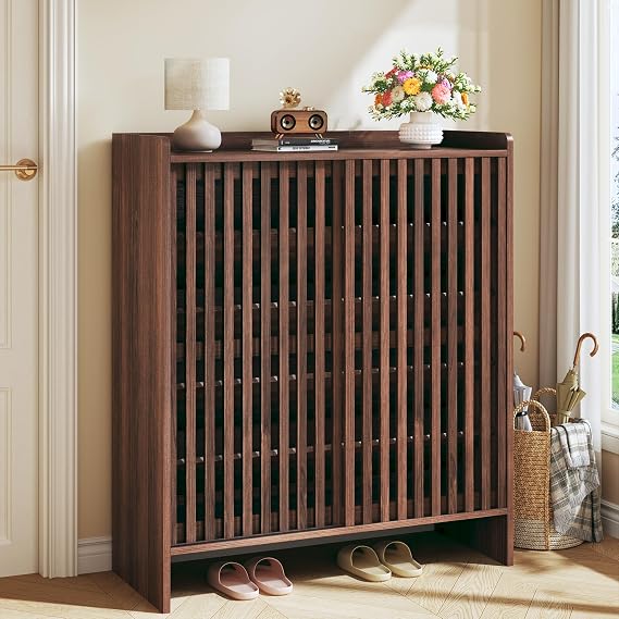 HUAHUU 5-Tier Shoe Cabinet with Sliding Shutter Doors, Wooden Shoe Storage Cabinet with Adjustable Shelf, Modern Freestanding Shoe Organizer Cabinet for Entryway, Hallway
