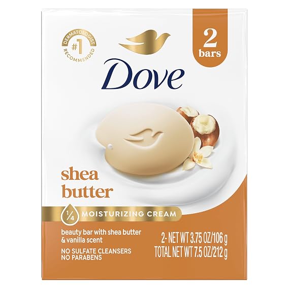 Dove Beauty Bar Gentle Skin Cleanser 2 Bars Shea Butter Moisturizing for Gentle Soft Skin Care More Moisturizing Than Bar Soap 3.75 oz