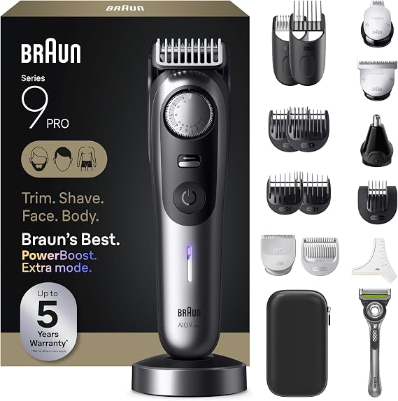 Braun All-in-One Series 9 PRO Men's Electric Beard Trimmer, Hair Clipper, Shaver & Razor for Face, Hair & Body, AIO 9570 with Gillette Labs Razor, Cordless