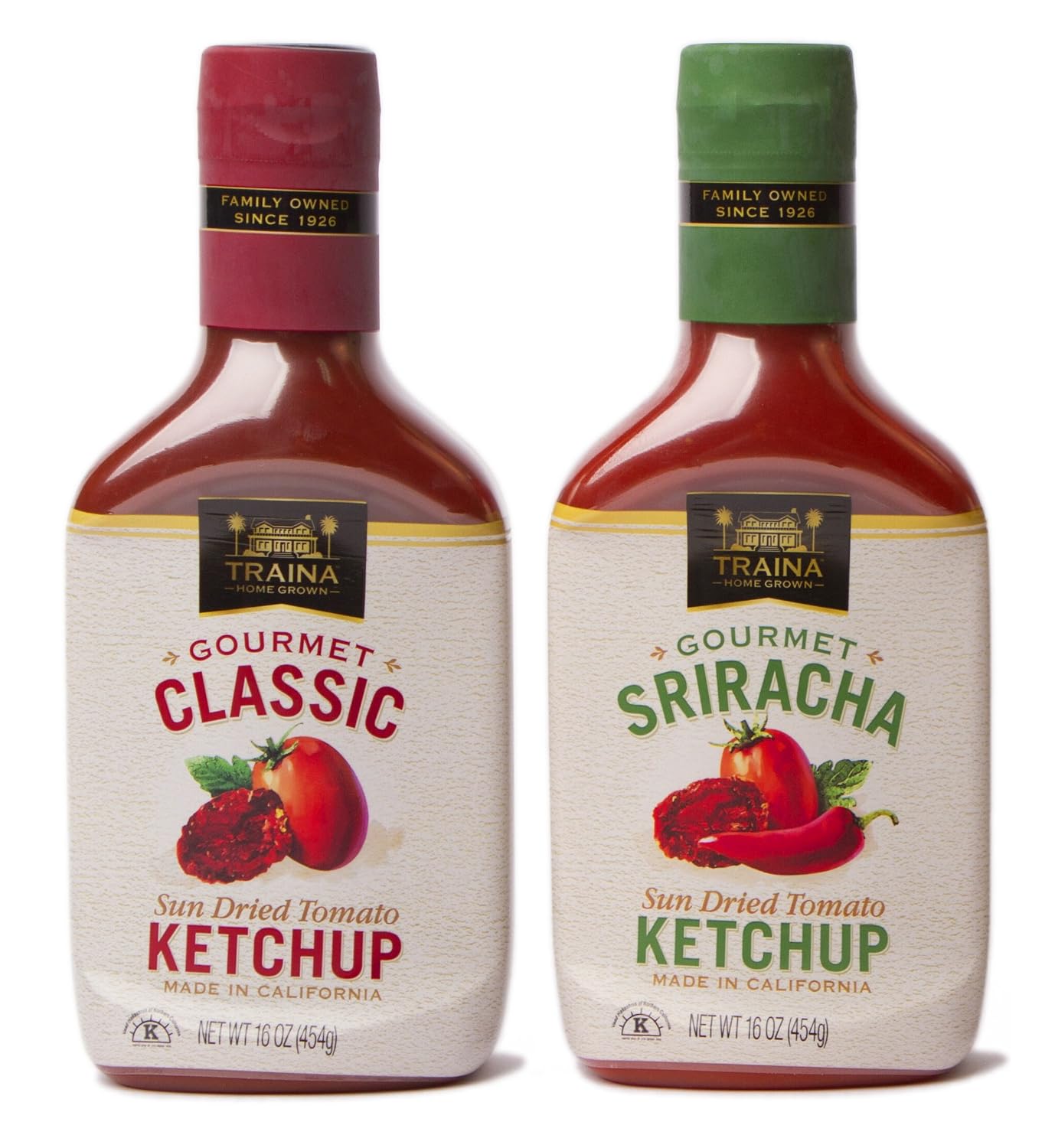 Traina Home Grown Gourmet Classic and Sriracha Ketchup Combo Pack - No Corn Syrup, Non GMO, 16 oz bottle 2 Pack