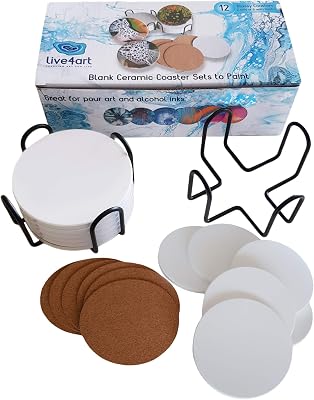 Ceramic Coaster Sets - 12 Round 4 Inch Glossy Non-Absorbent with Cork Backing & 2 Metal Stands - for Sublimate Printing