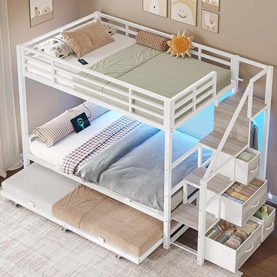 VIAGDO Bunk Bed with Trundle and Staircase Storage, Twin Over Twin Metal Bunk Bed with 4 Drawers, Charging Station & LED Lights, Heavy Duty 3-in-1 Bunk Beds for Kids, Space-Saving 3 Twin Beds, White
