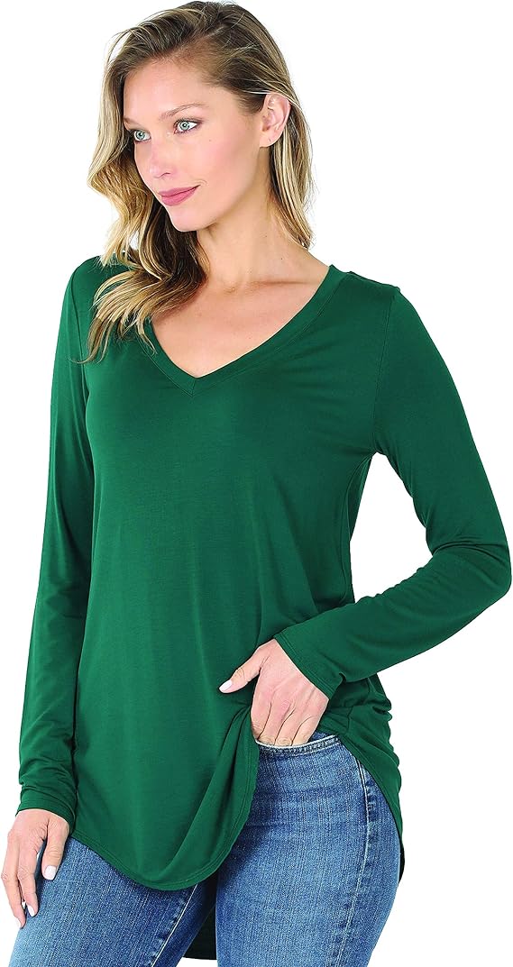 Zenana Luxe Rayon Long Sleeve V-Neck HI-Low Hem TOP Deep Green L