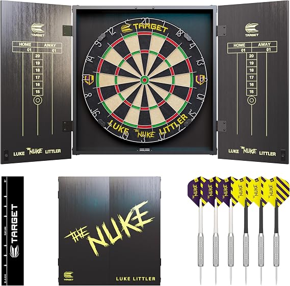 Target Darts Luke Littler Cabinet & Dartboard Set | Player Edition 'The Nuke' Dartboard Cupboard Set with 2 Steel Tip Darts, Score Chart, Competition Standard Throw Line