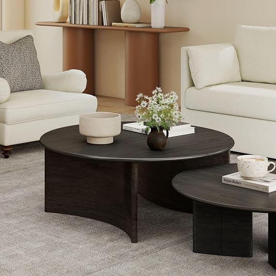 ROCITY 31.5'' Round Coffee Table, Black Circle Coffee Table with Curved Base, Solid Wood, Ideal for Living Room, Apartment, Compact Place