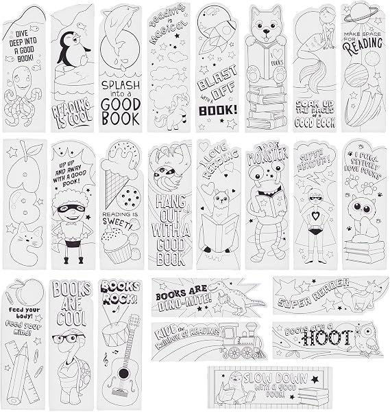 Juvale Bookmarks for Kids - 24-Pack, 2 x 6 in, White Cardstock - DIY Kit & Color Your Own Bookmarks with Bookworm Designs for Classroom Art & Party Favors