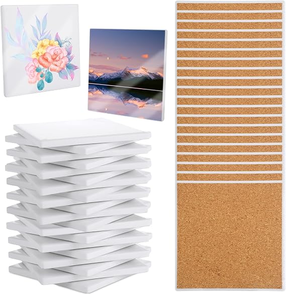 AKOLAFE 20 Sets Sublimation Coasters Blanks with Cork Back Ceramic Tile 4x4 Tiles Ceramic Tiles for Crafts Glossy Glazed Tile Coasters Blanks for Sublimation Thermal Transfer Painting