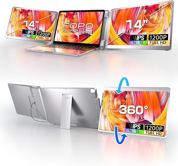 14" Triple Monitor Laptop Screen Extender- FHD 1200P 16:10 Laptop Screen Extender, Left Screen 360 Flip Portable Monitor for 12-16.5" Laptops with HDMI/USB-C, Plug & Play - S7