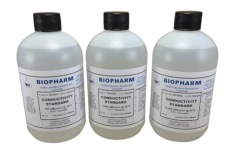 Biopharm Conductivity Standard 3-Pack 100, 1,000 & 10,000 S, 500 mL Each | Same as 0.1, 1 & 10 mS. 1.06 Pint Each. Calibration Solutions For Use at 25C. NIST traceable. Compatible With All EC Meters.