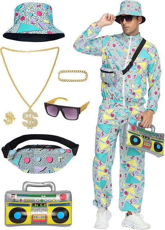 80s 90s Outfit Sets for Men, Retro Tracksuit Streetwear, Mens 80s Sportswear 9Pcs