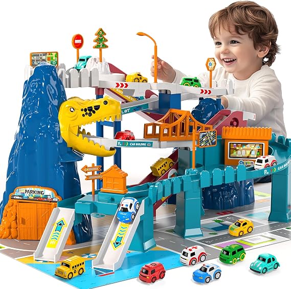 MSKOLER Dinosaur Race Car Tracks for Toddlers 3-4 Years, Dinosaur Climbing Hills Railcar, Toy Car Track Play Set with 7 Small Race Cars, Preschool Birthday Gifts for 3 4 5 6 7 8 Year Old Boys Girls