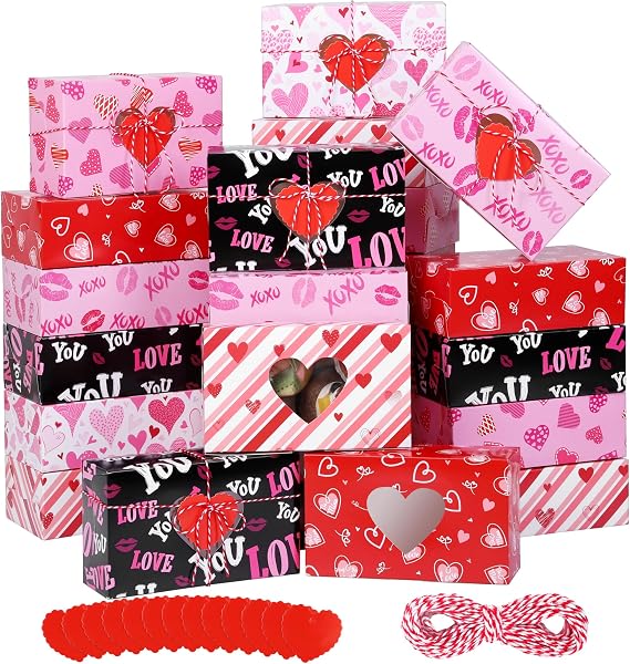 MIMIND 24 Pack Valentines Day Treat Boxes Valentine Cupcake Bakery Boxes Heart Cookie Candy Container Goody Box with Heart Window Tags for Holiday Pastries, Anniversary Party Gifts