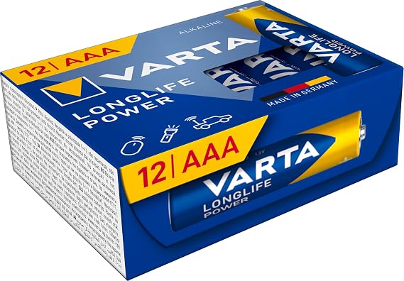 VARTA Batteries AAA Pack of 12, Longlife Power, Alkaline, 1.5 V, Cube, Ideal for Toys, Wireless Mouse, Torches, Packaging 90% Recycled Made in Germany