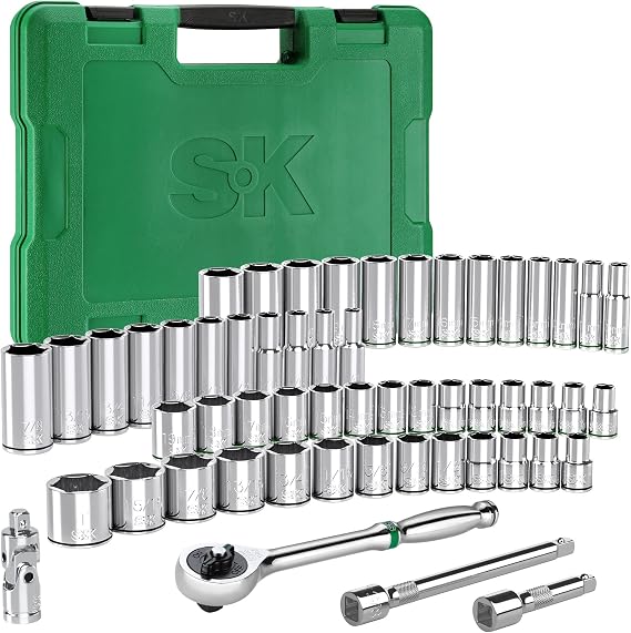 SK 3/8" Drive Socket Set with 216-P Ratchet, SAE & Metric,CR-V Steel | 55-Piece Sockets with Quick-Release Ratchet, SuperKrome Finish, Heat Treated, with Storage Suitcase