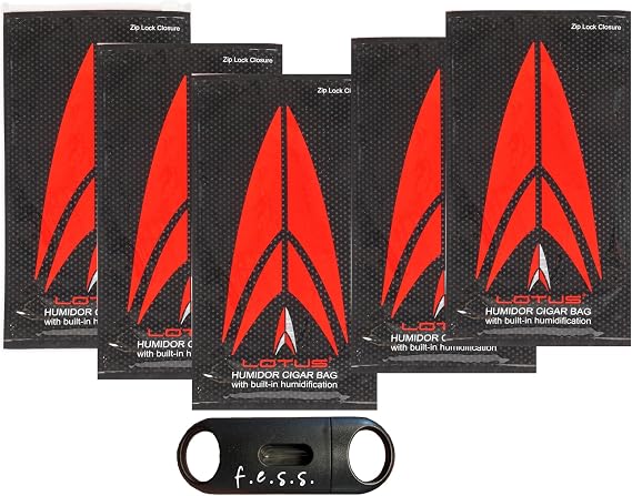 F.e.s.s. Lotus 5-Pack Reusable Humidor Cigar Bags V-Cutter | Includes five resealable, reusable humidor bags with slide-lock closures and a bonus F.E.S.S. V-cut cigar cutter.