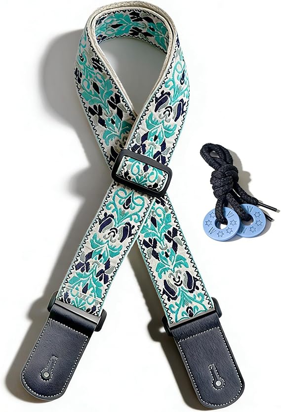 Guitar Strap, white-green classical jacquard embroidery Cotton Guitar Strap with leather at both ends for bass, electric and acoustic guitars,  with two strap anti-slip pads