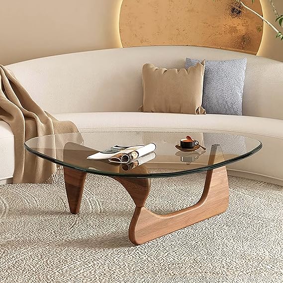 Triangle Coffee Table Glass Top,Mid-Century Modern Table Abstract End Table with Wooden Base,Small Center Table Glass Coffee Table for Living Room Home Office(36 25.5 16 inch,Clear-Brown)